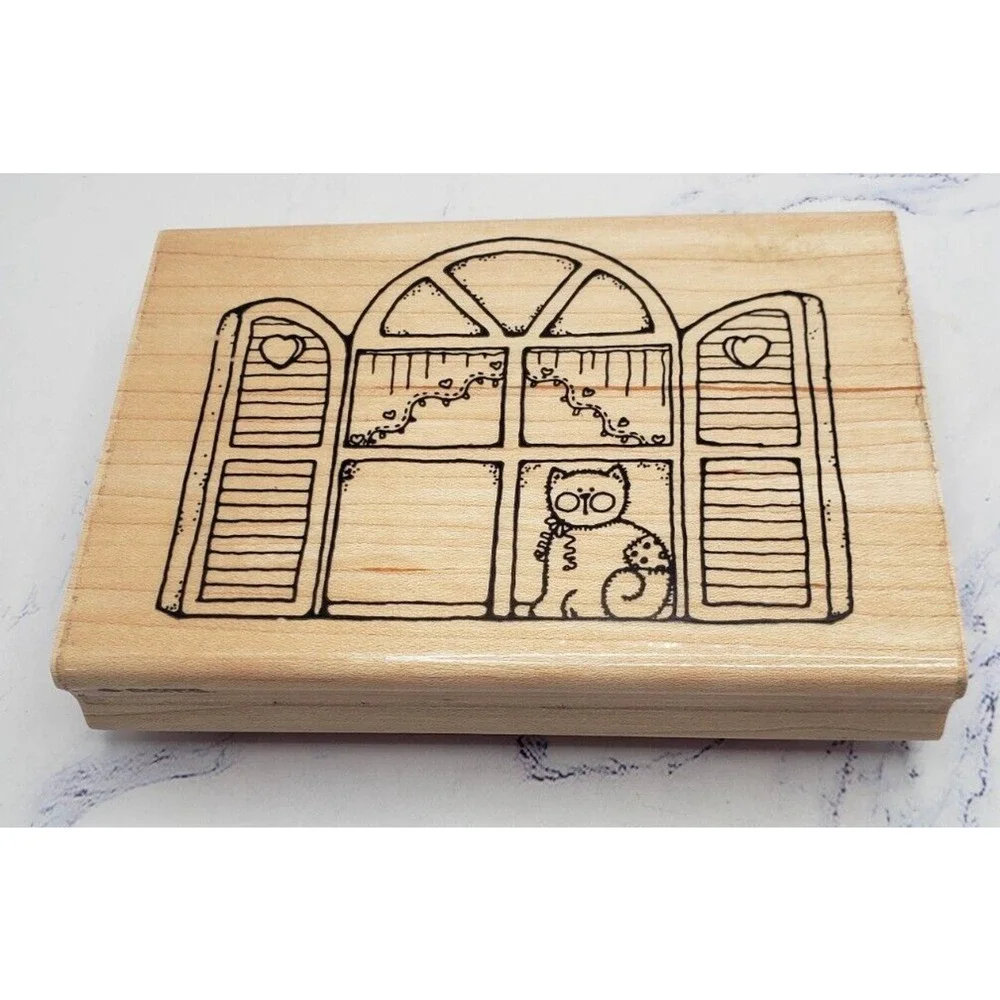 Cat In The Window Dots Country Side Wood Mounted Rubber Stamp U 123